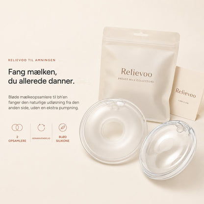 Relievoo breast milk collectors with their storage pouch and use and care card on a cream background rvpumpen rvhasar
