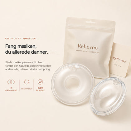 Relievoo breast milk collectors with their storage pouch and use and care card on a cream background rvpumpen rvhasar