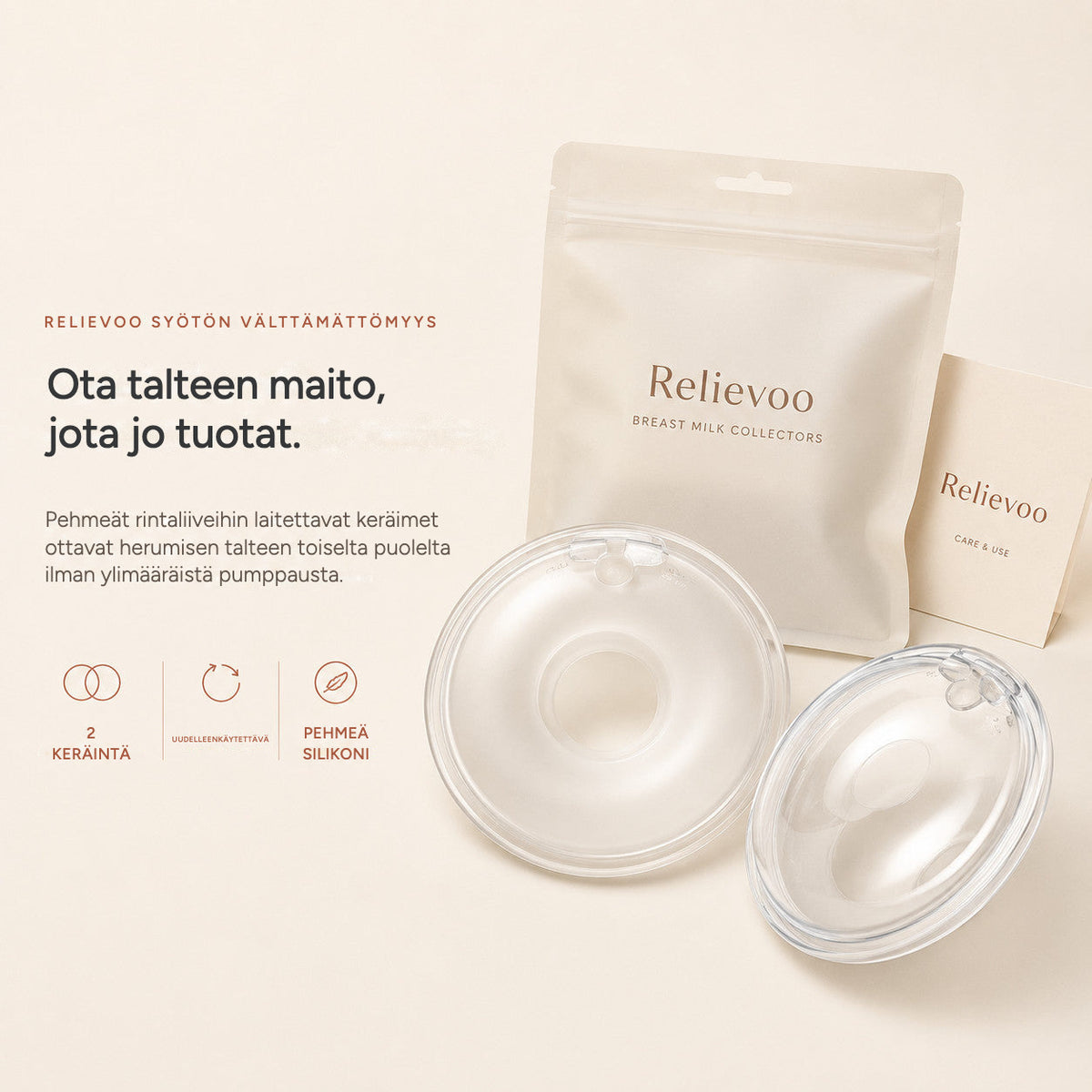 Relievoo breast milk collectors with their storage pouch and use and care card on a cream background rvpumpen rvhasar
