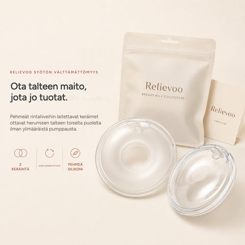 Relievoo breast milk collectors with their storage pouch and use and care card on a cream background rvpumpen rvhasar