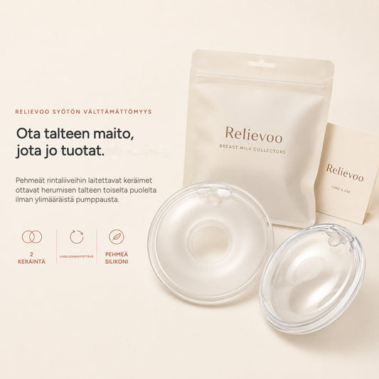 Relievoo breast milk collectors with their storage pouch and use and care card on a cream background rvpumpen rvhasar