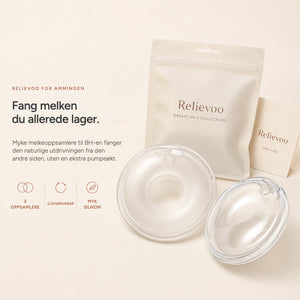 Relievoo breast milk collectors with their storage pouch and use and care card on a cream background rvpumpen rvhasar