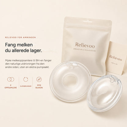 Relievoo breast milk collectors with their storage pouch and use and care card on a cream background rvpumpen rvhasar