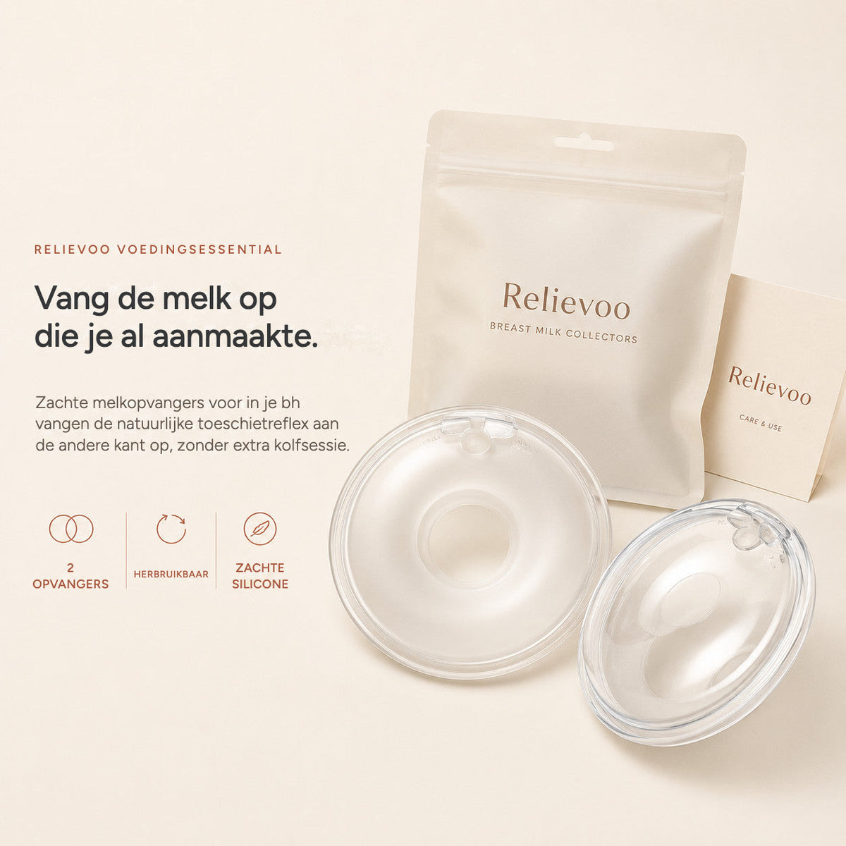 Relievoo breast milk collectors with their storage pouch and use and care card on a cream background rvpumpen rvhasar