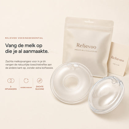 Relievoo breast milk collectors with their storage pouch and use and care card on a cream background rvpumpen rvhasar