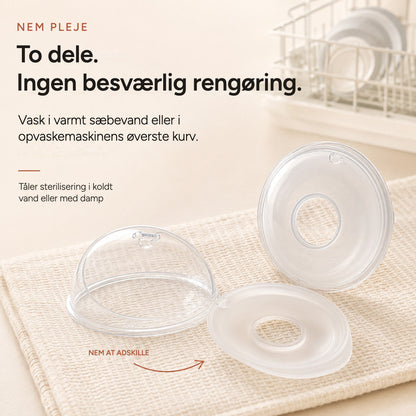 Relievoo breast milk collector snapped apart into its two parts for easy cleaning beside a dish rack rvpumpen rvhasar