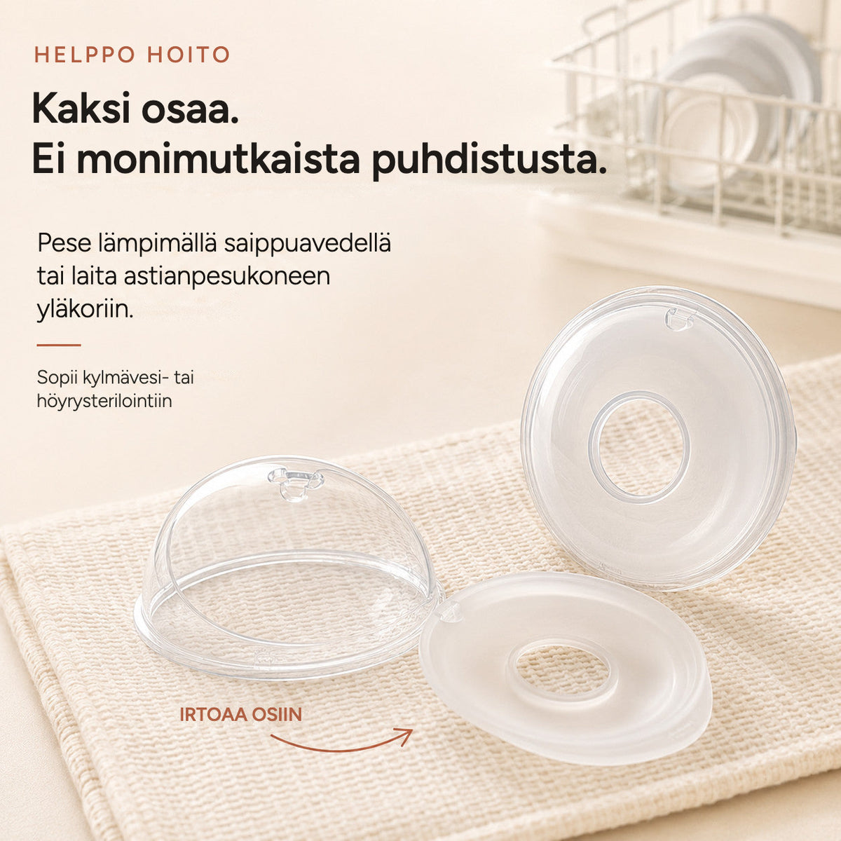 Relievoo breast milk collector snapped apart into its two parts for easy cleaning beside a dish rack rvpumpen rvhasar