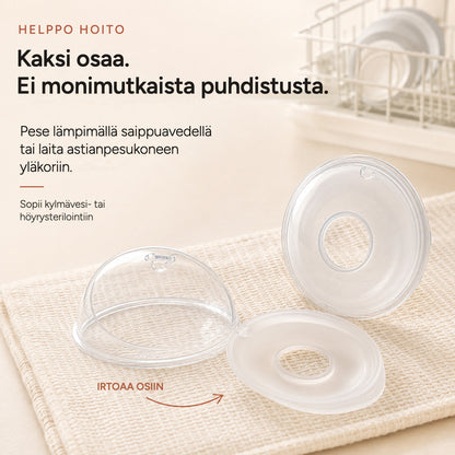 Relievoo breast milk collector snapped apart into its two parts for easy cleaning beside a dish rack rvpumpen rvhasar