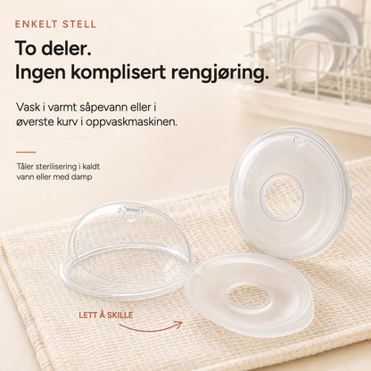 Relievoo breast milk collector snapped apart into its two parts for easy cleaning beside a dish rack rvpumpen rvhasar