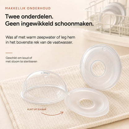 Relievoo breast milk collector snapped apart into its two parts for easy cleaning beside a dish rack rvpumpen rvhasar