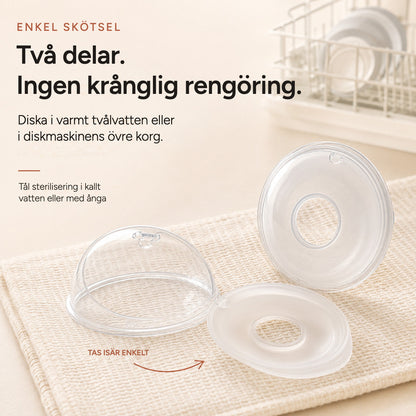 Relievoo breast milk collector snapped apart into its two parts for easy cleaning beside a dish rack rvpumpen rvhasar