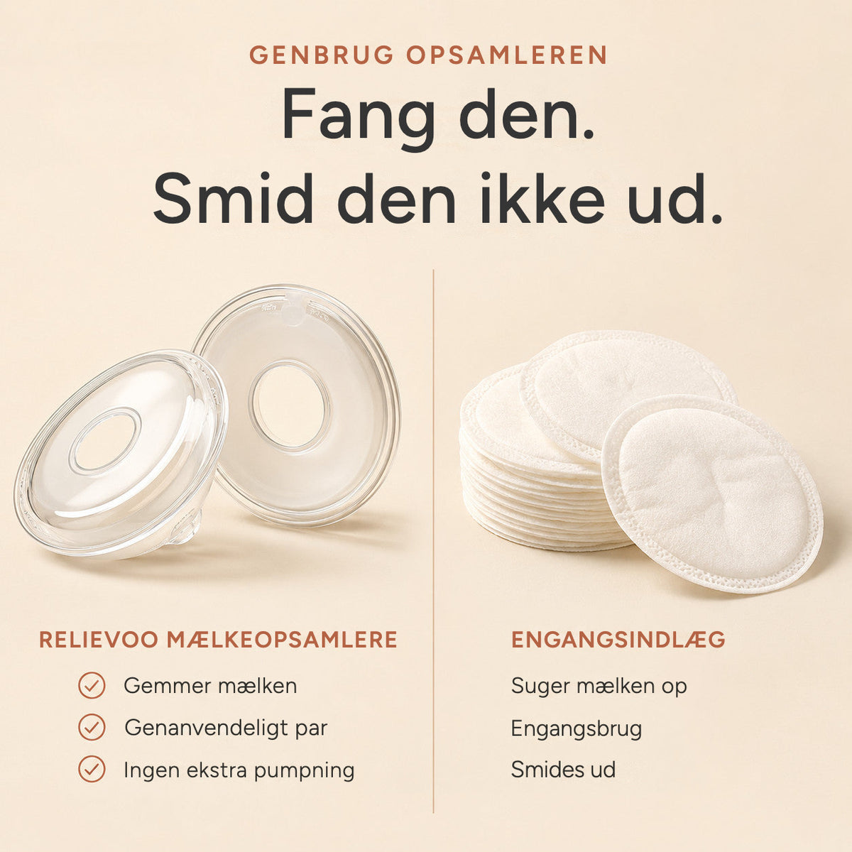 Relievoo reusable breast milk collectors next to a stack of single use disposable breast pads rvpumpen rvhasar