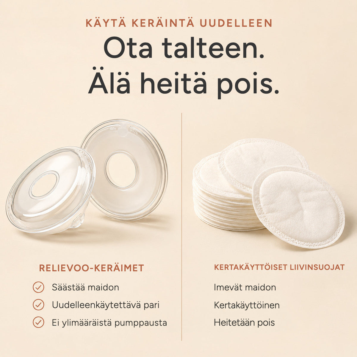 Relievoo reusable breast milk collectors next to a stack of single use disposable breast pads rvpumpen rvhasar