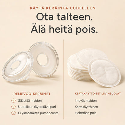 Relievoo reusable breast milk collectors next to a stack of single use disposable breast pads rvpumpen rvhasar