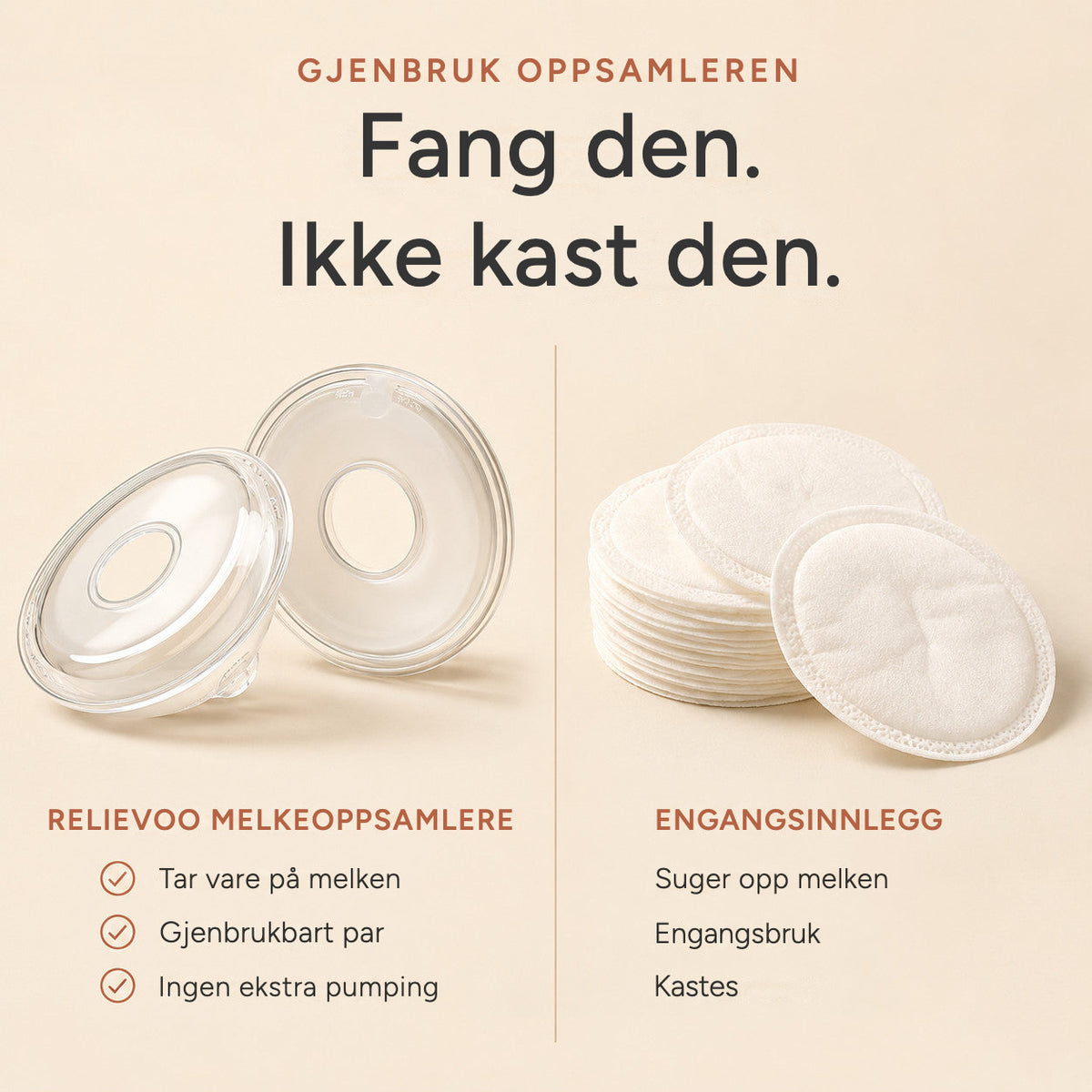 Relievoo reusable breast milk collectors next to a stack of single use disposable breast pads rvpumpen rvhasar