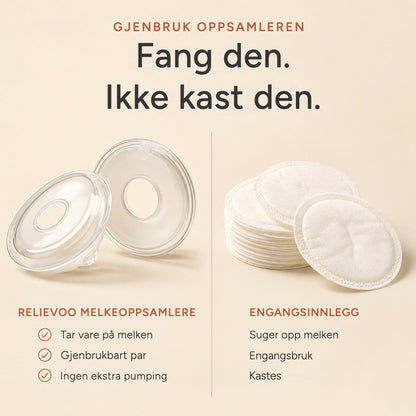 Relievoo reusable breast milk collectors next to a stack of single use disposable breast pads rvpumpen rvhasar