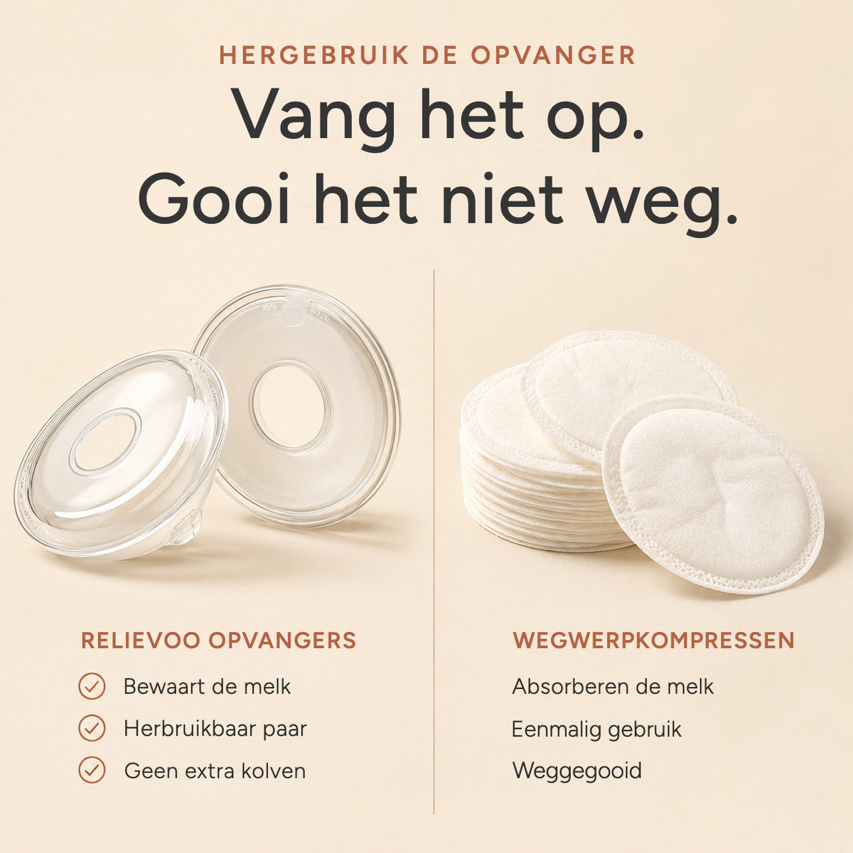 Relievoo reusable breast milk collectors next to a stack of single use disposable breast pads rvpumpen rvhasar