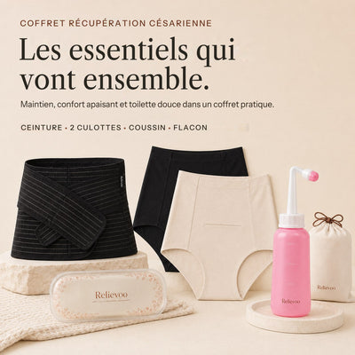 Les quatre essentiels du coffret récupération césarienne Relievoo : ceinture, deux culottes apaisantes, coussin chaud et froid et flacon rince-périnée