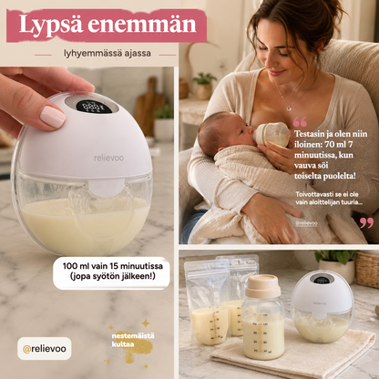 Relievoo M22 PRO2 wearable breast pump collecting 100 ml in just 15 minutes, with a mum's review of 70 ml expressed in 7 minutes while her baby fed on the other side rvpumpen rvhasar