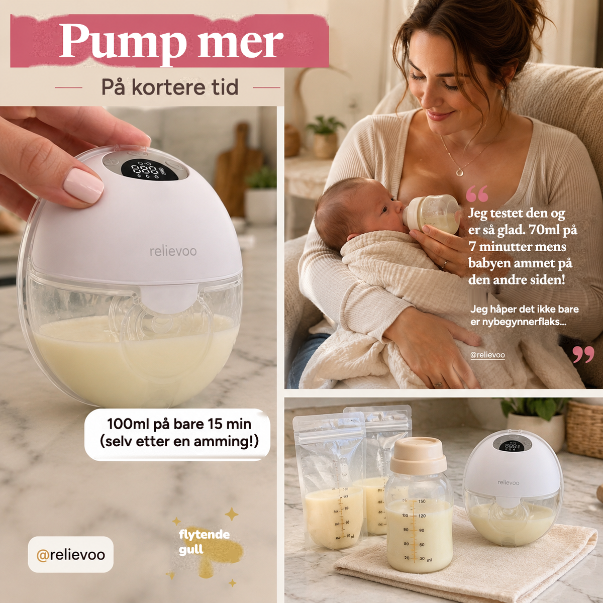 Relievoo M22 PRO2 wearable breast pump collecting 100 ml in just 15 minutes, with a mum's review of 70 ml expressed in 7 minutes while her baby fed on the other side rvpumpen rvhasar