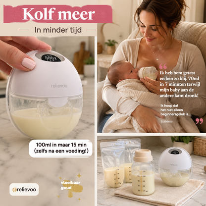 Relievoo M22 PRO2 wearable breast pump collecting 100 ml in just 15 minutes, with a mum's review of 70 ml expressed in 7 minutes while her baby fed on the other side rvpumpen rvhasar