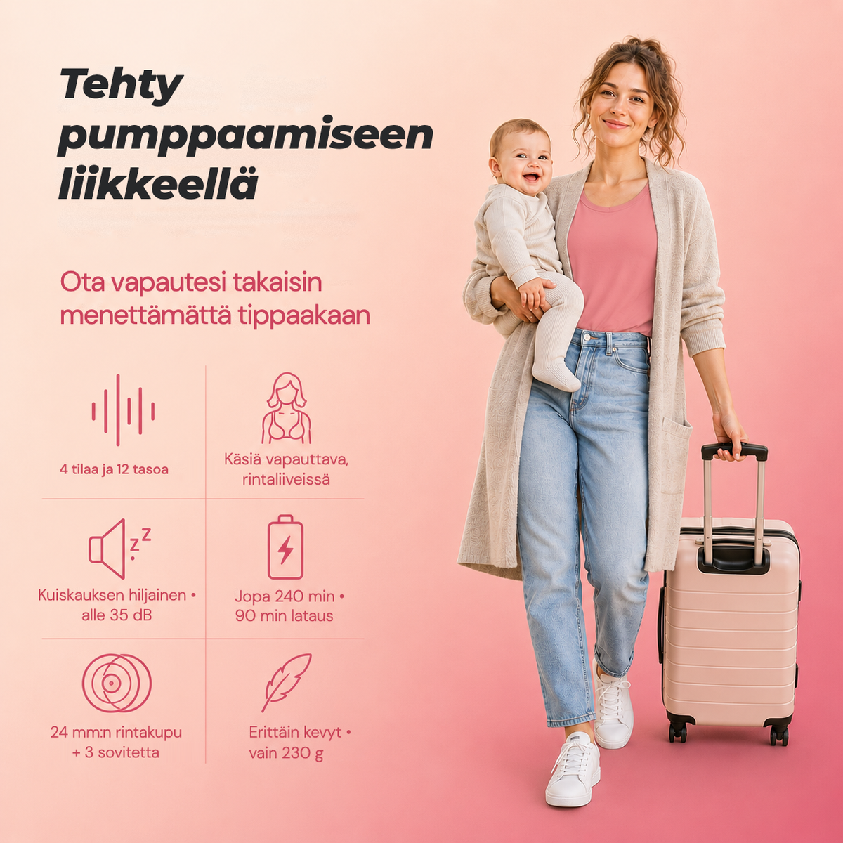 Mum carrying her baby and a suitcase with the Relievoo M22 PRO2 wearable breast pump: 4 modes, 12 levels, hands-free in-bra, up to 240 min battery rvpumpen rvhasar