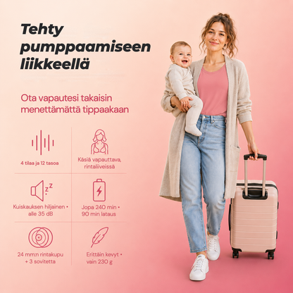 Mum carrying her baby and a suitcase with the Relievoo M22 PRO2 wearable breast pump: 4 modes, 12 levels, hands-free in-bra, up to 240 min battery rvpumpen rvhasar