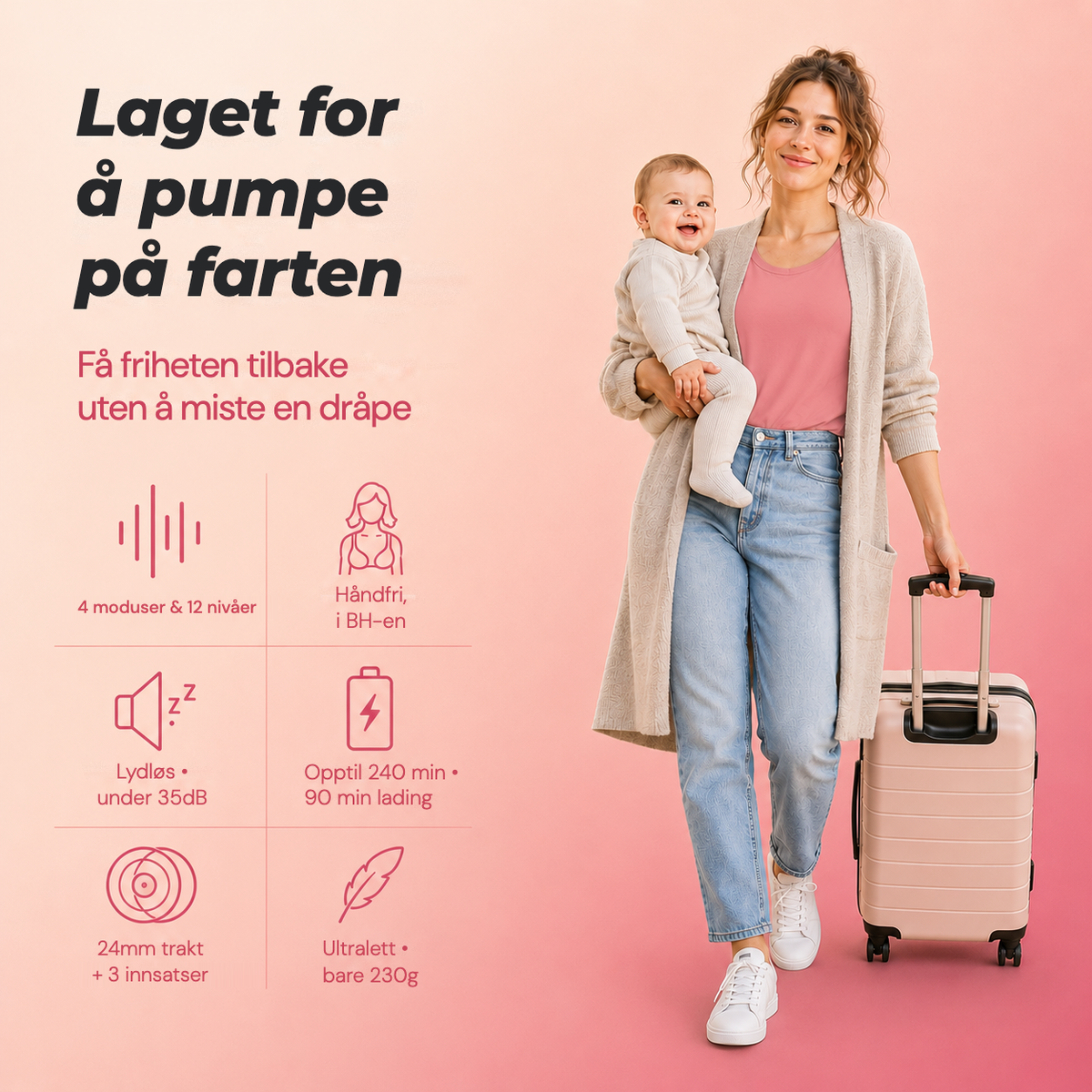 Mum carrying her baby and a suitcase with the Relievoo M22 PRO2 wearable breast pump: 4 modes, 12 levels, hands-free in-bra, up to 240 min battery rvpumpen rvhasar