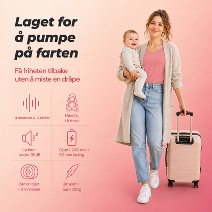 Mum carrying her baby and a suitcase with the Relievoo M22 PRO2 wearable breast pump: 4 modes, 12 levels, hands-free in-bra, up to 240 min battery rvpumpen rvhasar
