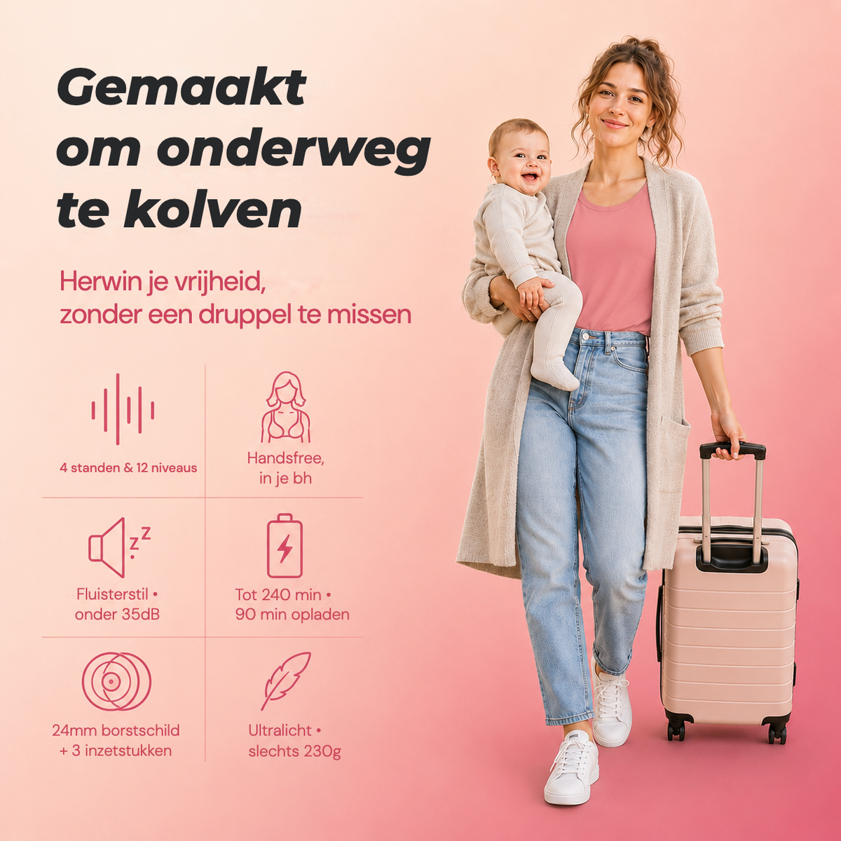 Mum carrying her baby and a suitcase with the Relievoo M22 PRO2 wearable breast pump: 4 modes, 12 levels, hands-free in-bra, up to 240 min battery rvpumpen rvhasar