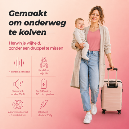 Mum carrying her baby and a suitcase with the Relievoo M22 PRO2 wearable breast pump: 4 modes, 12 levels, hands-free in-bra, up to 240 min battery rvpumpen rvhasar