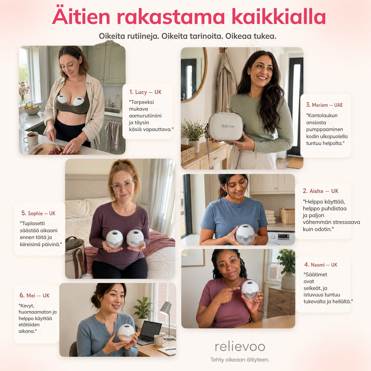 Relievoo M22 PRO2 wearable breast pump customer feedback: six mums share how they use the hands-free double pump at home, at work and on the go, with the Relievoo carrying case rvpumpen rvhasar