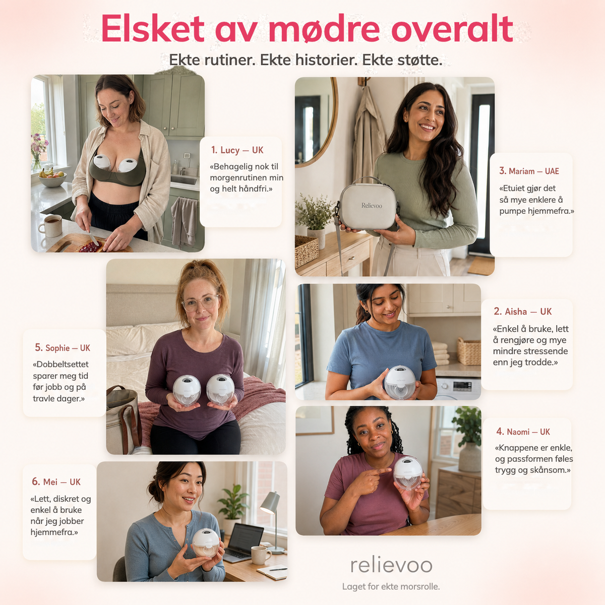 Relievoo M22 PRO2 wearable breast pump customer feedback: six mums share how they use the hands-free double pump at home, at work and on the go, with the Relievoo carrying case rvpumpen rvhasar