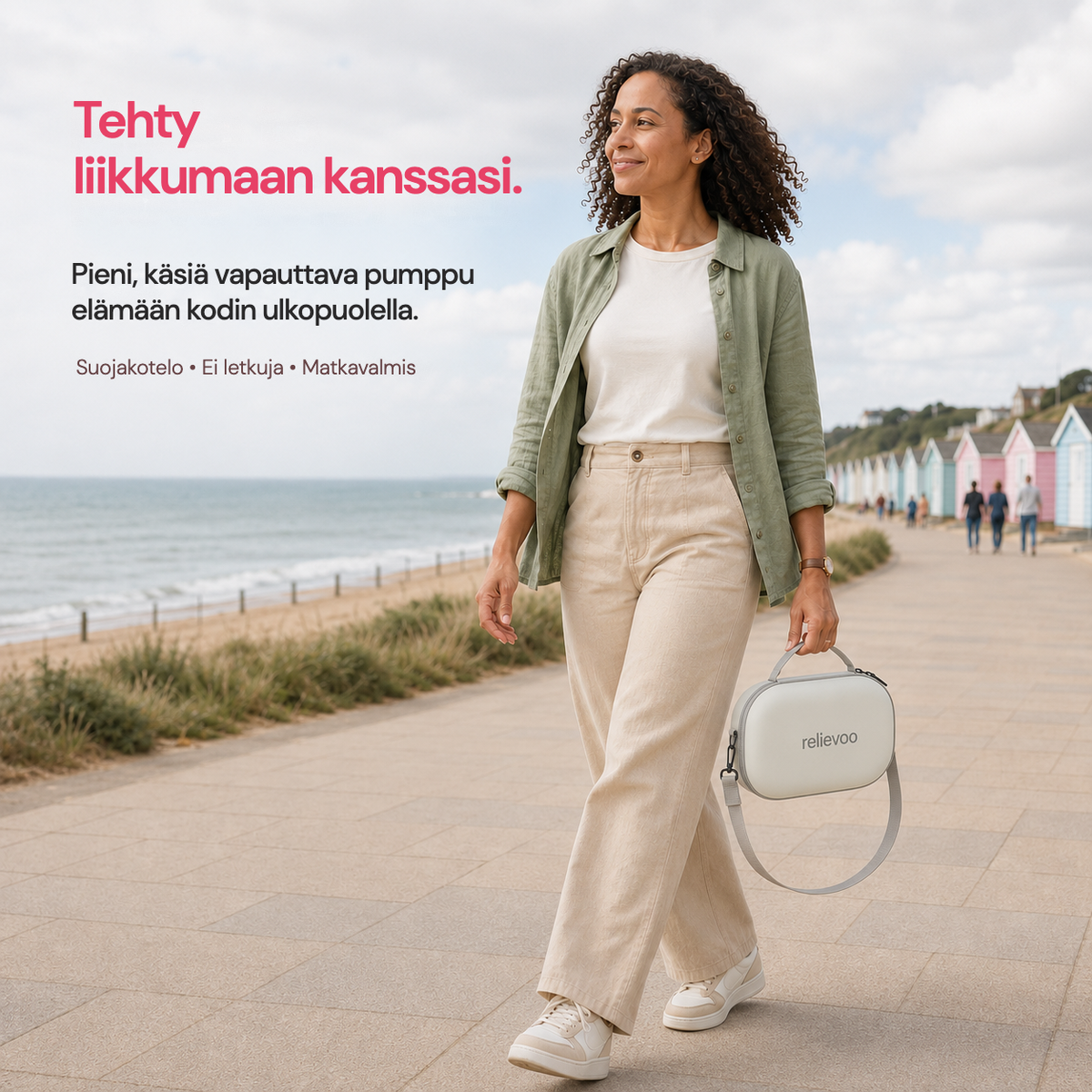 Mum walking along a British seaside promenade carrying the Relievoo M22 PRO2 breast pump in its protective travel case with shoulder strap, compact tube-free hands-free pumping on the go rvpumpen rvhasar