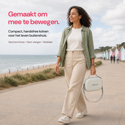 Mum walking along a British seaside promenade carrying the Relievoo M22 PRO2 breast pump in its protective travel case with shoulder strap, compact tube-free hands-free pumping on the go rvpumpen rvhasar