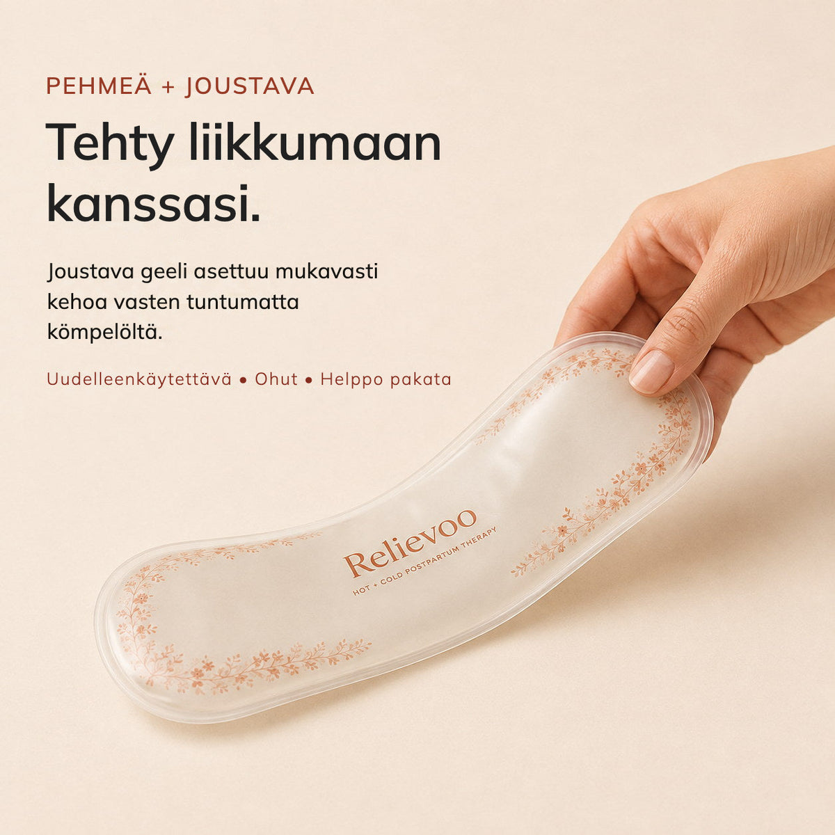 Flexible Relievoo perineal therapy pack bending in a hand so it sits comfortably against the body rvpumpen rvhasar