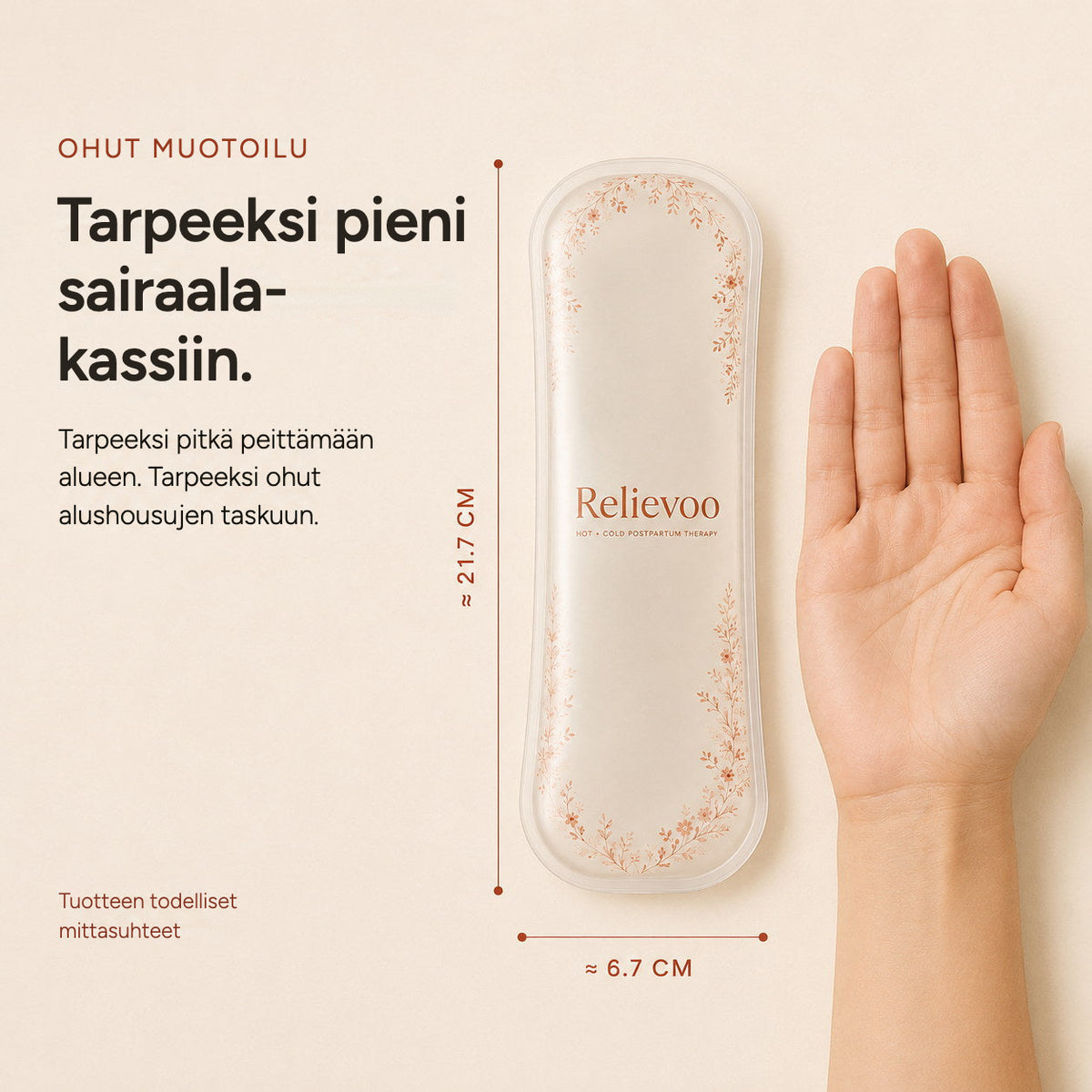 Relievoo perineal therapy pack shown next to an open hand, about 21.7 cm long and 6.7 cm wide rvpumpen rvhasar