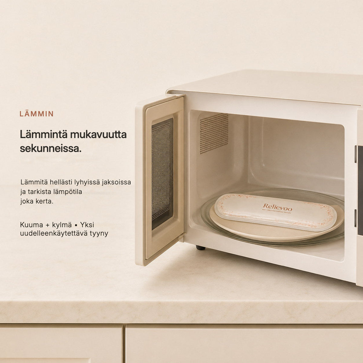 Relievoo perineal therapy pack warming on a plate inside a microwave for gentle postpartum heat rvpumpen rvhasar