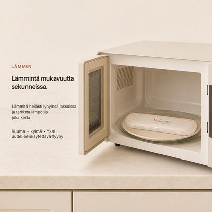 Relievoo perineal therapy pack warming on a plate inside a microwave for gentle postpartum heat rvpumpen rvhasar