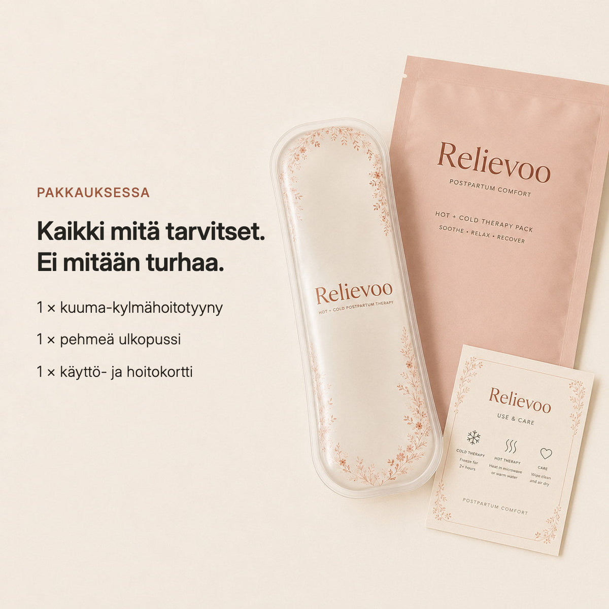 What is in the box: Relievoo perineal therapy pack, soft outer pouch and a use and care card rvpumpen rvhasar