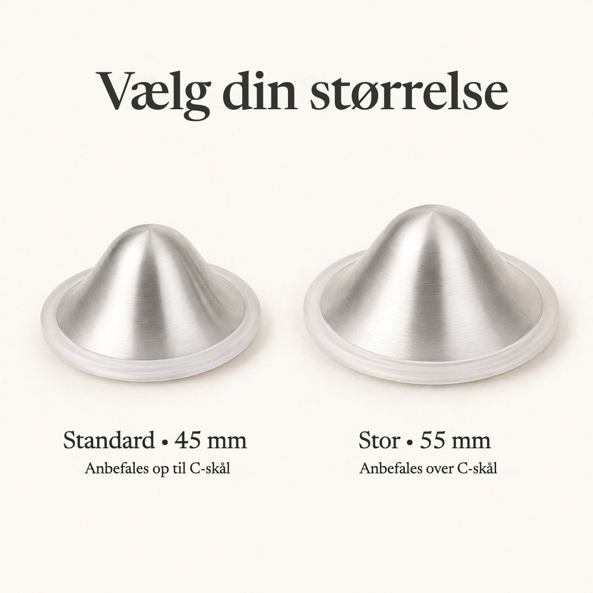 Two silver nursing cups side by side, the 45 mm regular next to the wider 55 mm large size rvpumpen rvhasar