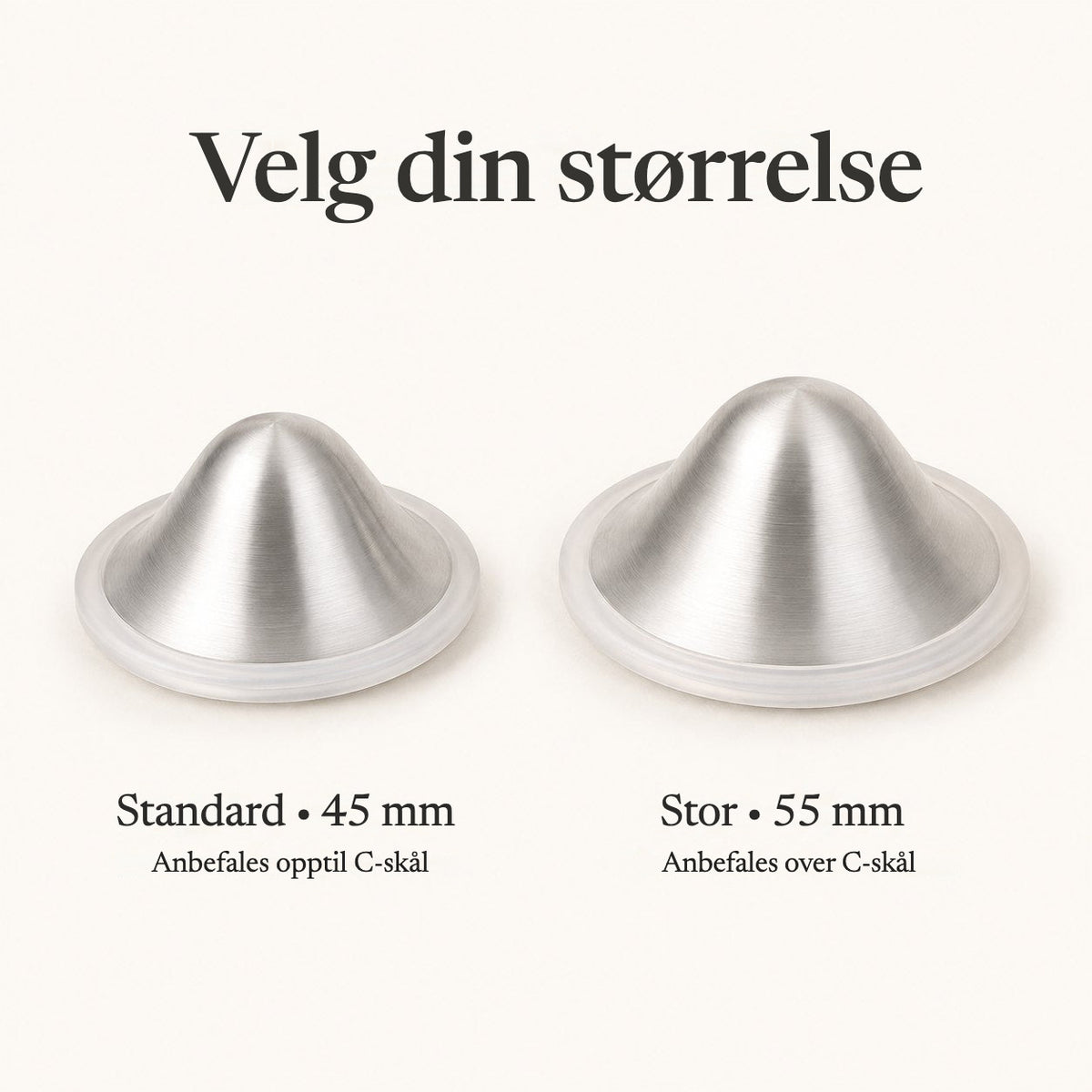 Two silver nursing cups side by side, the 45 mm regular next to the wider 55 mm large size rvpumpen rvhasar