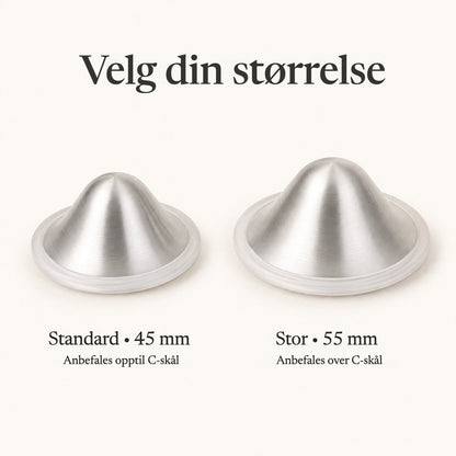 Two silver nursing cups side by side, the 45 mm regular next to the wider 55 mm large size rvpumpen rvhasar