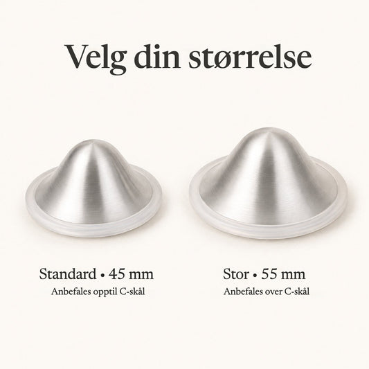 Two silver nursing cups side by side, the 45 mm regular next to the wider 55 mm large size rvpumpen rvhasar