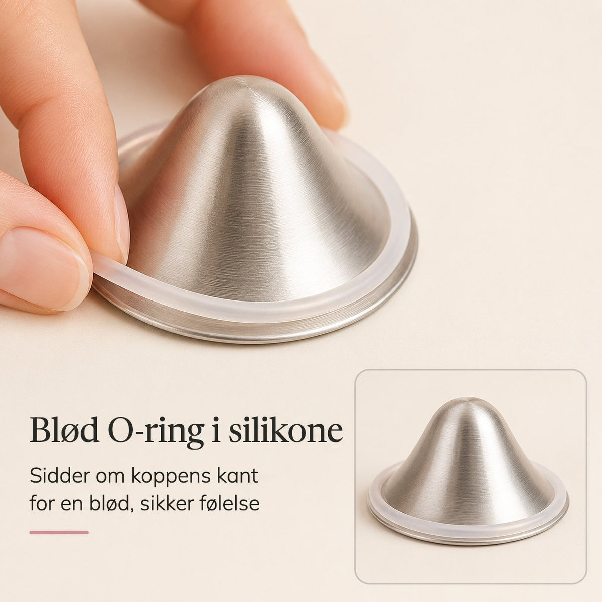 Fingers easing a soft clear silicone o-ring around the outer rim of a silver nursing cup rvpumpen rvhasar