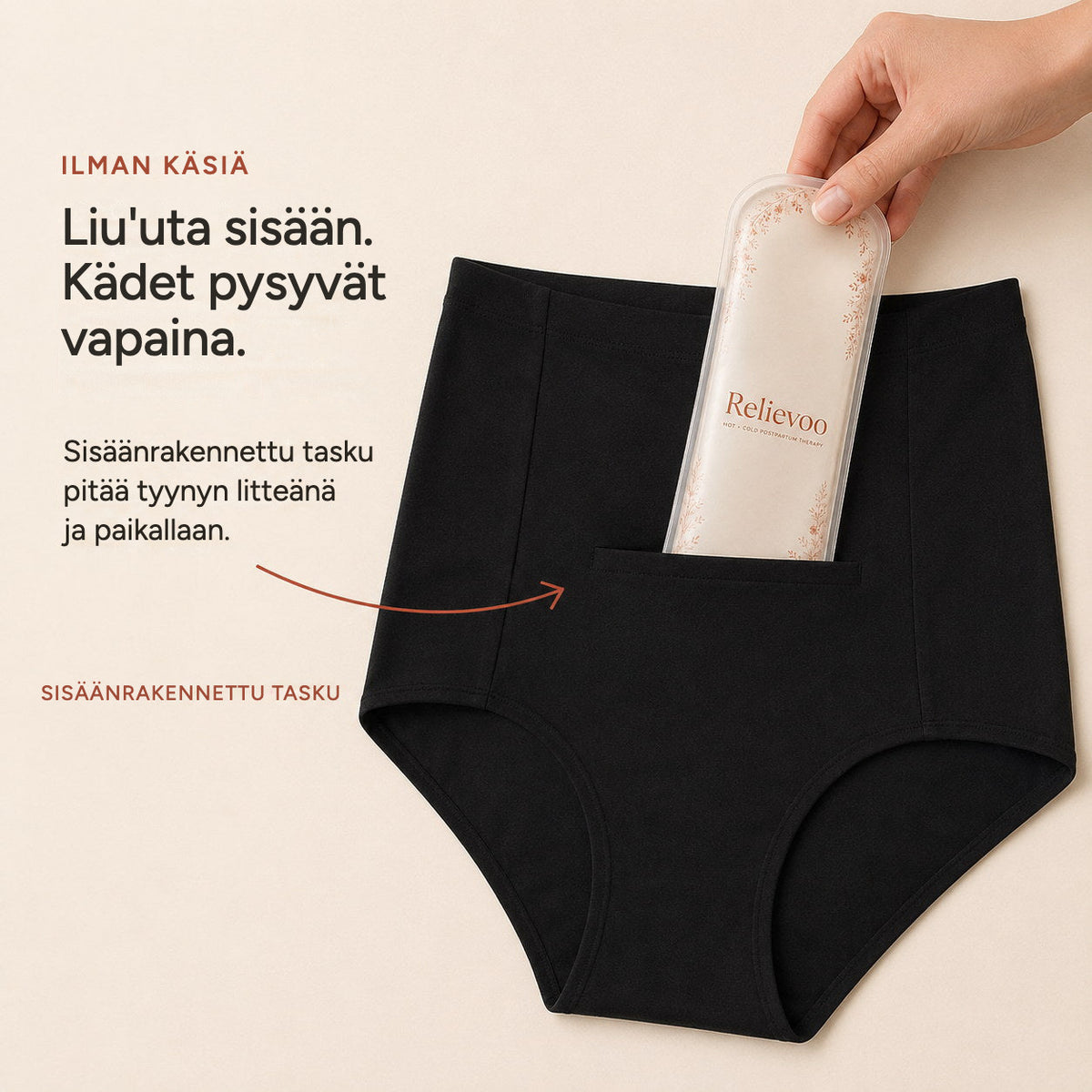 Hand sliding the Relievoo therapy pack into the built-in front pocket of black postpartum briefs rvpumpen rvhasar