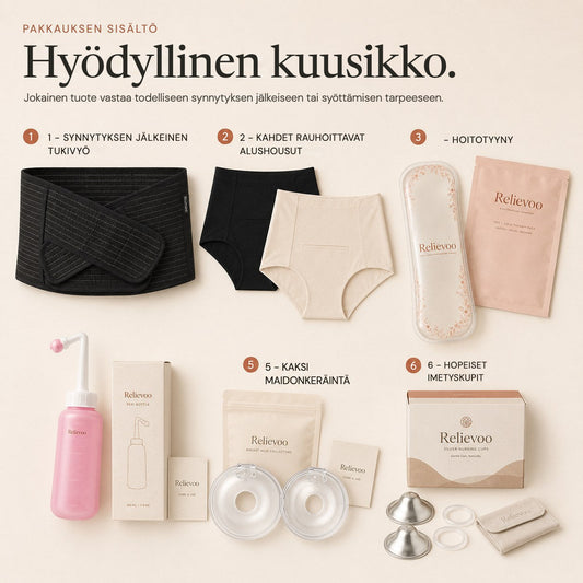 The six items in the Relievoo complete bundle numbered one to six: belly band, two soothing briefs, therapy pack, peri bottle, two milk collectors and silver nursing cups rvpumpen rvhasar