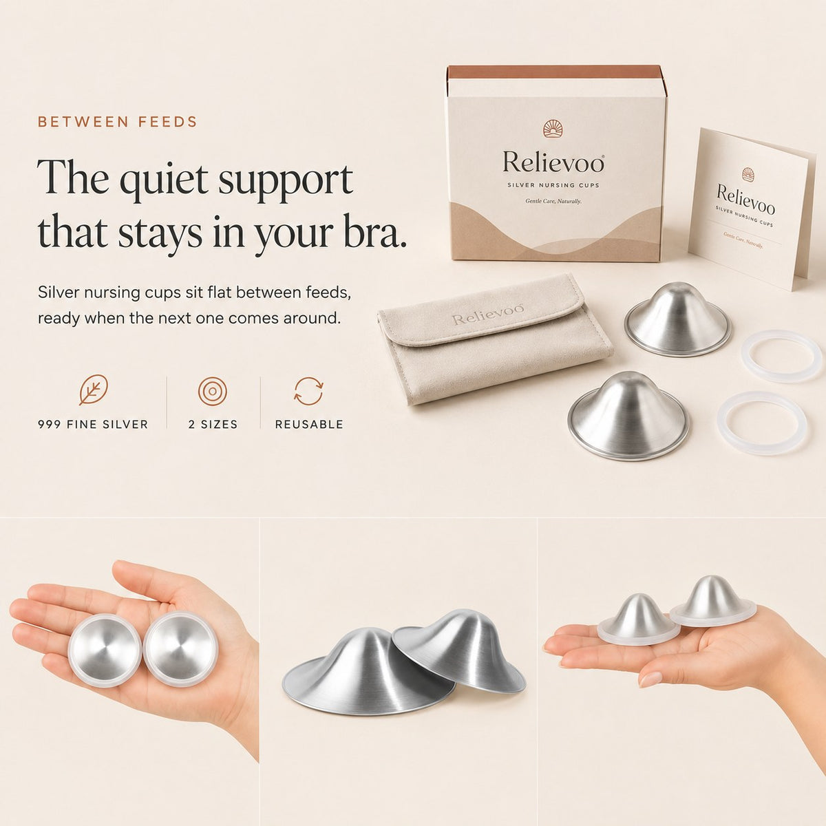Relievoo 999 silver nursing cups shown with their box, travel pouch and silicone rings rvpumpen rvhasar