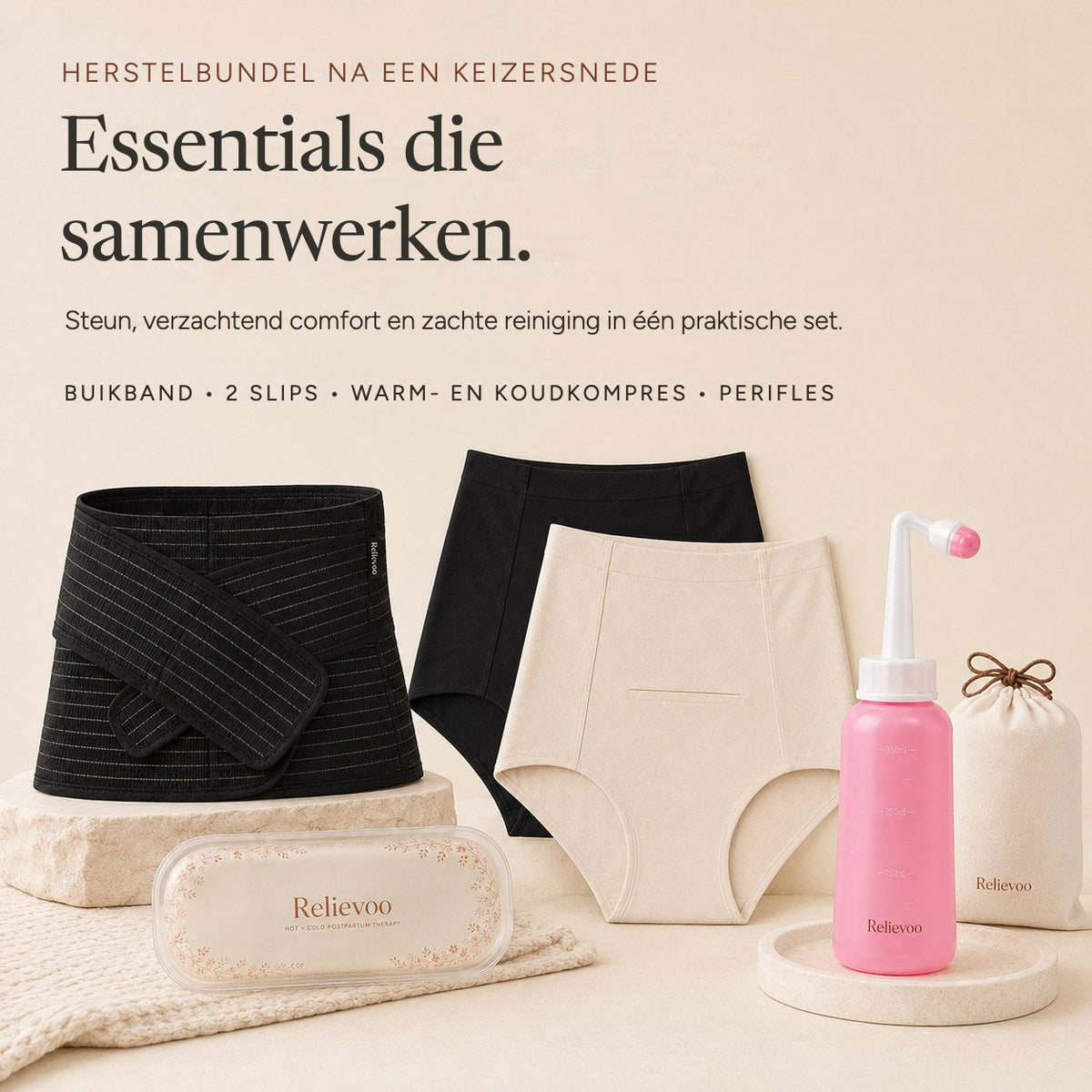 The four Relievoo C-section recovery essentials laid out together: belly band, two soothing briefs, hot and cold therapy pack and peri bottle rvpumpen rvhasar