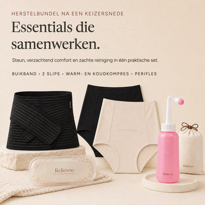 The four Relievoo C-section recovery essentials laid out together: belly band, two soothing briefs, hot and cold therapy pack and peri bottle rvpumpen rvhasar
